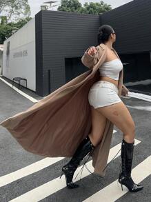 Flirla Plus Size Chic French Style Double-Breasted Extra Long Winter Coat - Mocha Brown - View 6