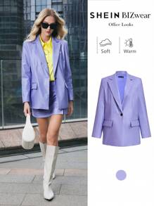 BizChic Purple Suit Jacket, Faux Leather PU Women's Blazer Set, Party, Office Commuter, Christmas, Thanksgiving, Women Elegant Attire,