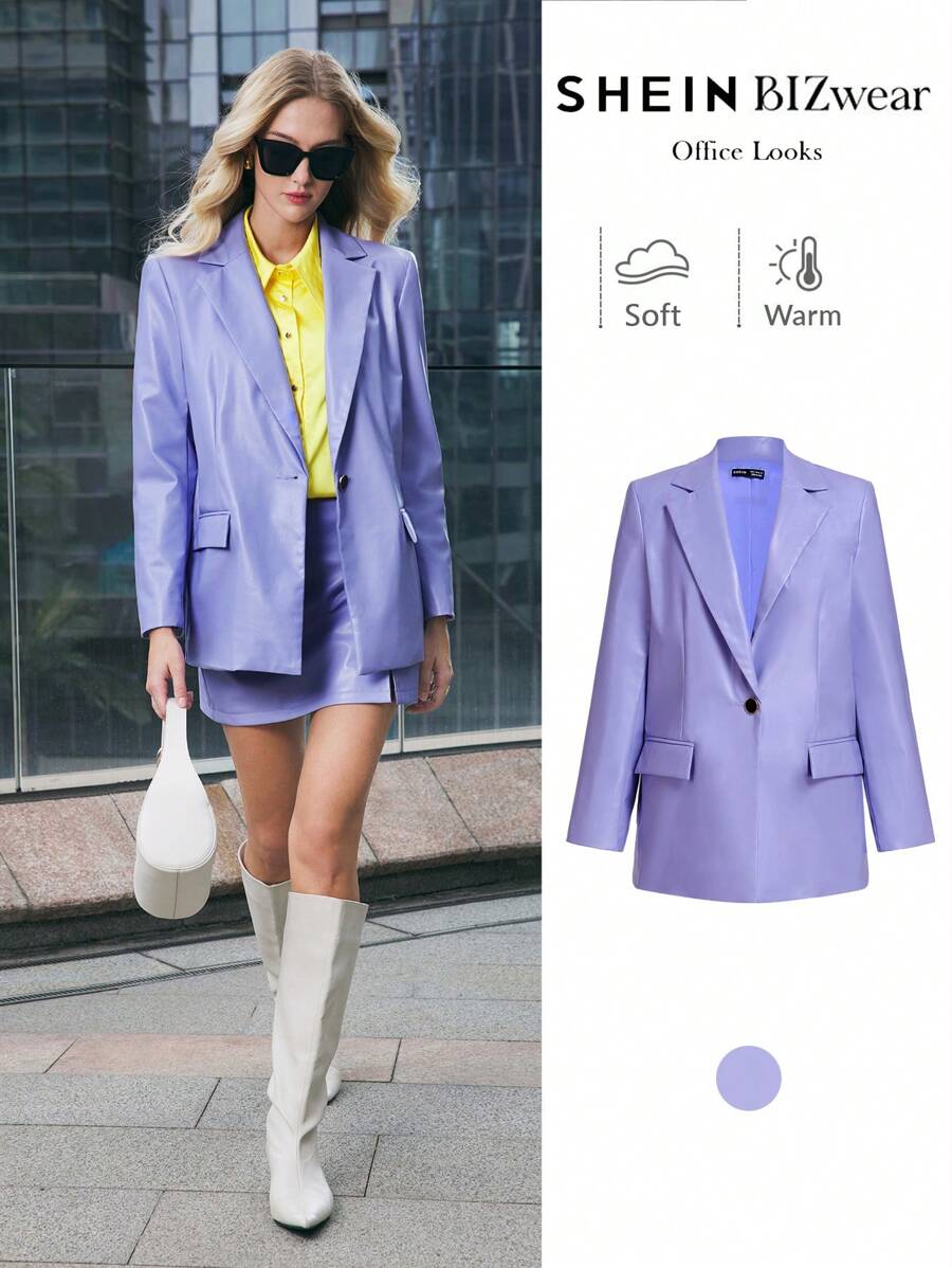 BizChic Purple Suit Jacket, Faux Leather PU Women's Blazer Set, Party, Office Commuter, Christmas, Thanksgiving, Women Elegant Attire,