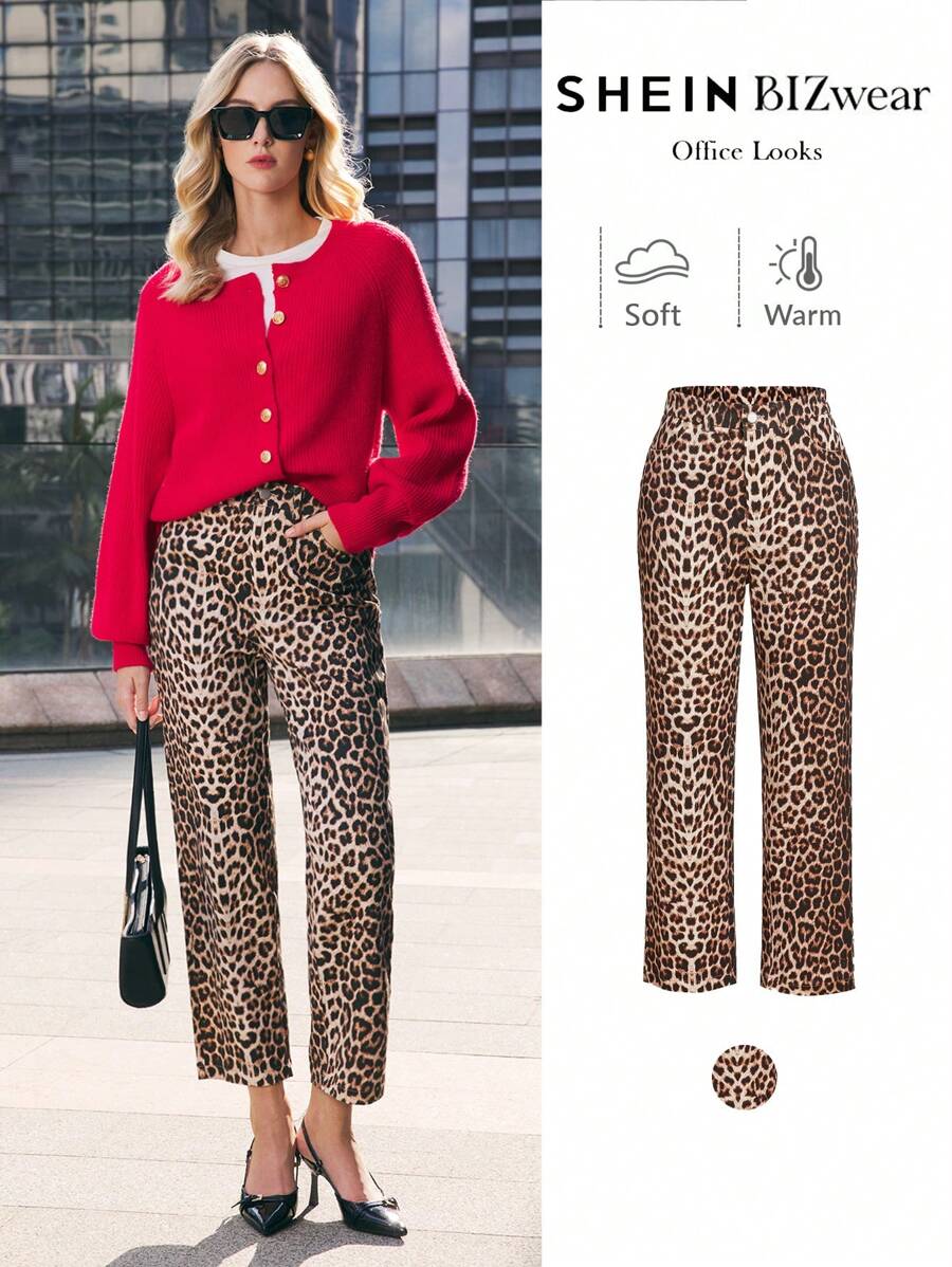 BizChic Quần họa tiết da báo cho nữ, trang phục công sở thanh lịch, màu nâu thích hợp khi đi làm, tiệc Giáng sinh, ngày lễ, lễ tạ ơn, năm mới, - màu nâu - Xem 1