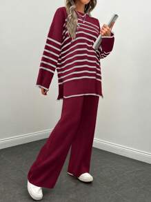 EURMUSE 2pcs/Set Women Casual Daily Wear Round Neck Contrast Stripe Drop Shoulder Sweater And Pants - Burgundy - View 5