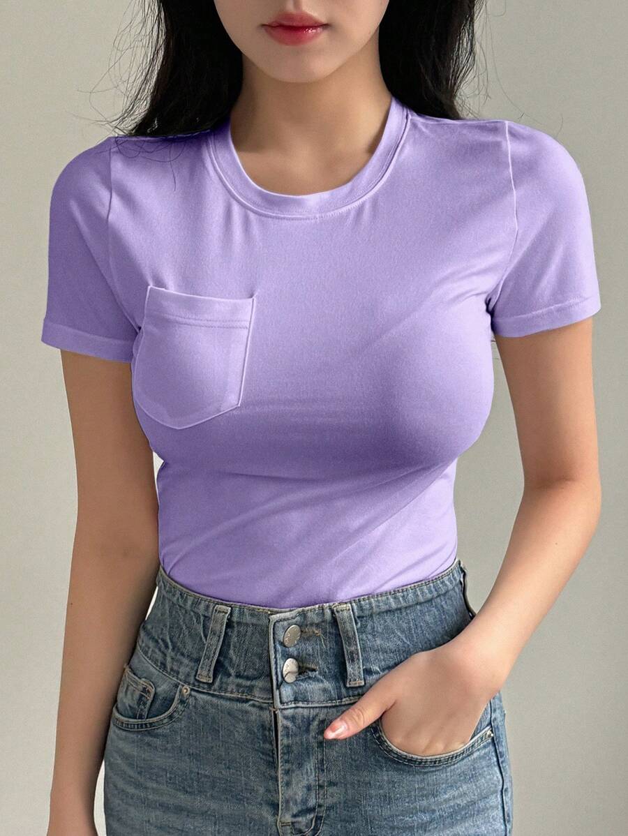 DAZY 女式纯色圆领短袖口袋休闲T恤学院风上衣 - 紫色 - 查看 1