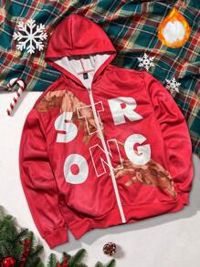 Manfinity EMRG 秋季男士字母印花拉链领休闲长袖连帽衫 - 紅色 - 查看 5