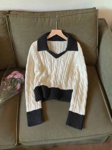 DAZY 女士 V 领撞色休闲长袖毛衣，秋冬，秋季女装 - 杏色 - 查看 7