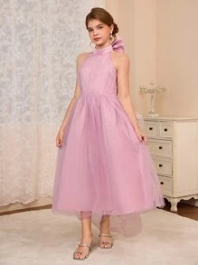 SHEIN Girl's Elegant Luxury Pink Oversized Bow Back Long Formal Dress, Suitable For Party, Banquet, Evening, Christmas, Halloween, Thanksgiving, Wedding And Other Occasions - Pink - View 6