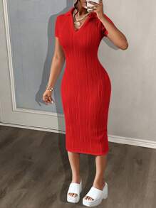 Slaydiva Summer Casual Elegant Simple Basic Model New Lapel V-Neck Short-Sleeved Slim Long Skirt White Wavy Knitted Fabric Women's Dress - Red - View 1