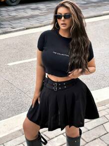 Flirla Falda plisada de línea A de unicolor y minimalista en talla grande, para uso casual diario - Negro - Ver 8