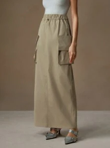 Anewsta Casual Straight Utility Cargo Skirt With Pockets, Elastic Waist Maxi