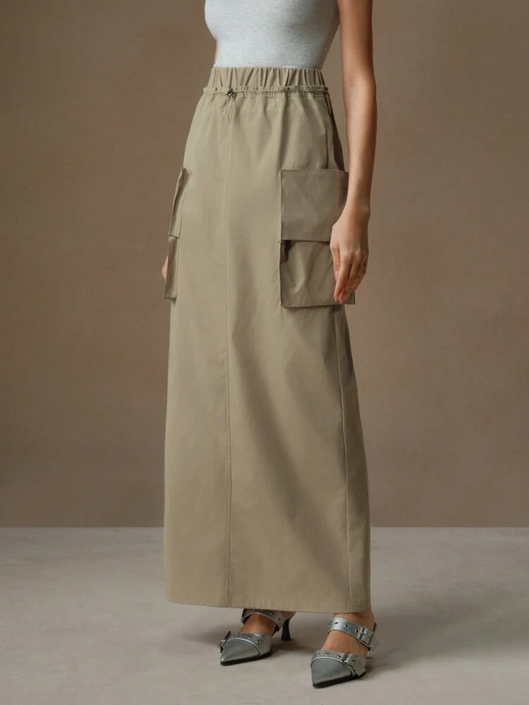 Falda cargo recta y casual con bolsillos, cintura elástica maxi