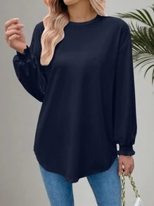 EMERY ROSE Áo thun tay loe trễ vai màu trơn đơn giản cho nữ, mùa xuân/thu - Màu xanh lam - Xem 3