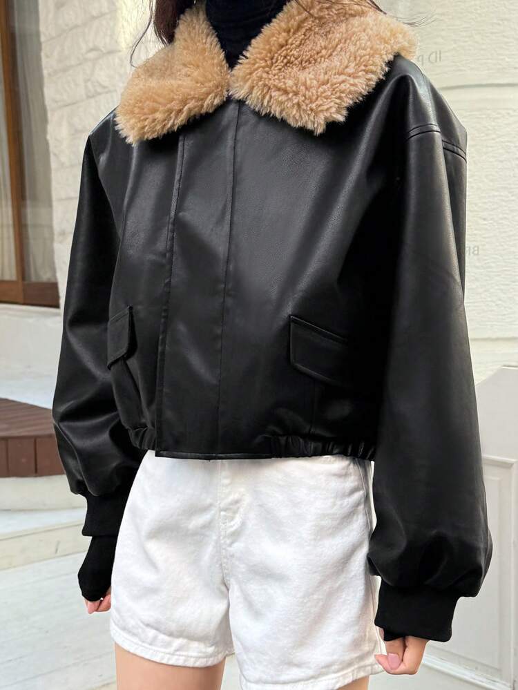Women Casual Long Sleeve Faux Shearling Collar Splice PU Jacket, Winter