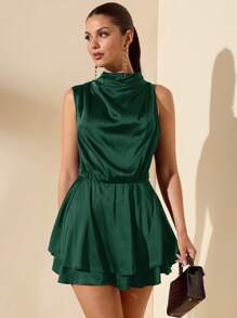 SHEIN BAE 女士缎面光滑连身裤，不对称领口荷叶边下摆连身裤 - 墨綠色 - 查看 4