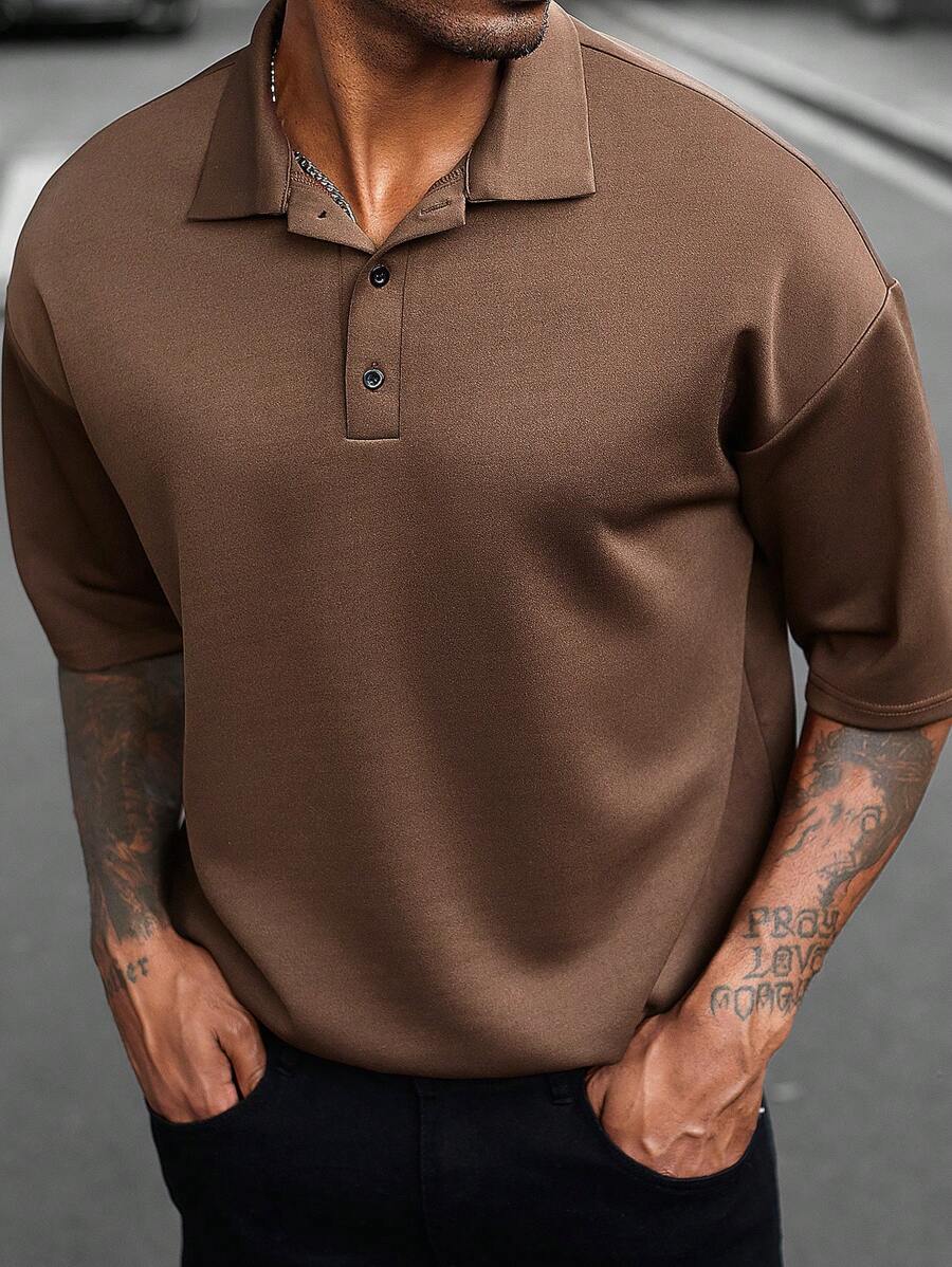 Manfinity Homme Men Fall Coffee-Brown Basic Fashion Versatile Collar Polo Shirt, For Husband, For Going Out - Coffee Brown - View 1