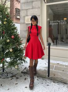 SHEIN EZwear Rochie mini de culoare roșie pentru femei, ținută casual și la modă pentru ținute de Crăciun/de zi cu zi