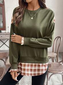 SHEIN LUNE Damen Herbst Patchwork Karomuster Rundhals Drop Shoulder Langarm Lässig Sweatshirt - Armeegrün - Übersicht 6