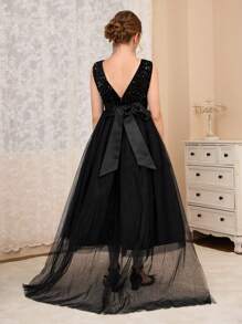 Tween Girl Wedding Formal Dress With Train, Girls Princess Tulle Gown For Runway Show, Piano Performance, Prom, Black