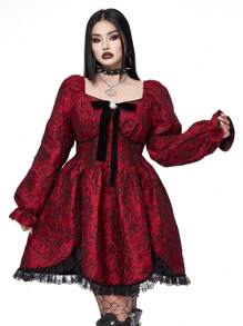 Flirla Vestido de jacquard con escote cuadrado, volantes, parches, cintura ceñida, manga larga, corte evasé y bajo asimétrico para mujer tallas grandes de estilo punk gótico, lindo y genial para ropa de Año Nuevo para mujeres góticas