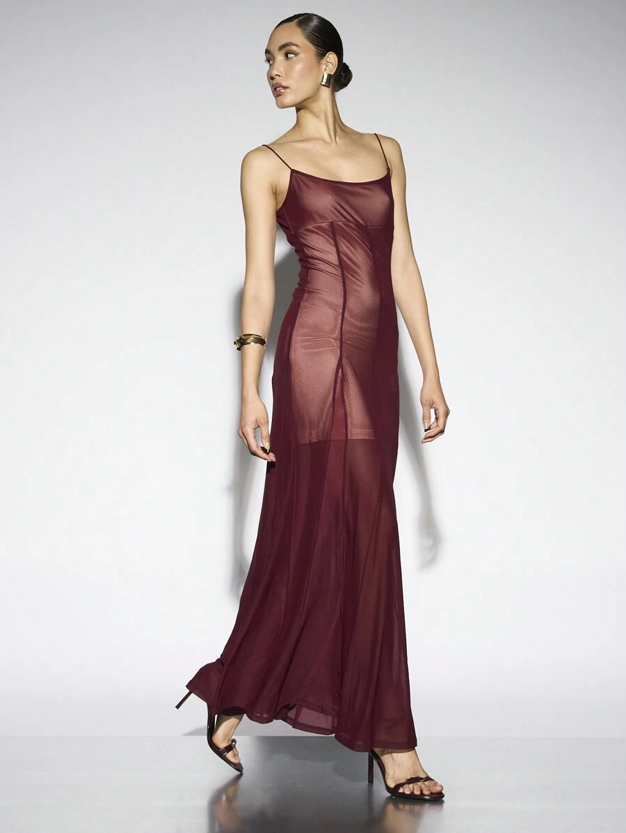 AiiRZ Vestido maxi de tirantes de espagueti de malla - Burdeos - Ver 1