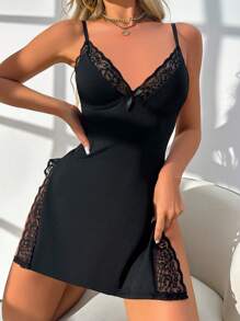 فستان نوم ضيق الجسم بأطراف شقة مع إدخال الدانتيل - الأسود - مشاهدة 5