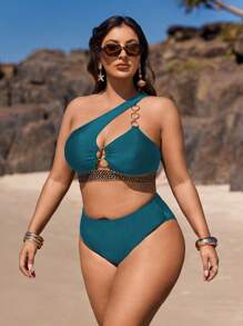 Swim Vcay Plus Size Summer Beach Asymmetric Neckline Hollow Metallic Ring Bikini Top