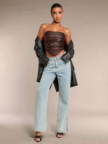 SHEIN BAE Top corset de tubo con volantes asimétricamente con dobladillo de mujer para otoño e invierno, disfraz de Halloween - Café integral - Ver 2