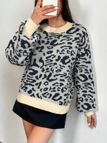 Chiquease Women's Leopard Pattern Round Neck Lantern Sleeve Thickened Warm Pullover Sweater Knit Pullover Fall Winter - Multicolor - View 5