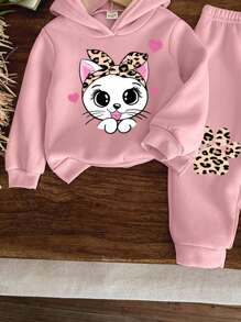 SHEIN Baby Girls Cartoon Rabbit & Leopard Print Knit Soft Hooded Sweatshirt And Relaxed Fit Pants Set, Suitable For Autumn/Winter - Pink - View 4