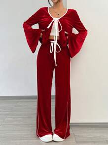 SHEIN EZwear 2pcs New Year Women Velvet Tie Front Long Sleeve Top And Pants Set