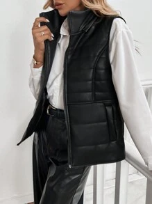 SHEIN LUNE Winter Jacket , Hooded PU Vest With Removable Hood Black Jacket