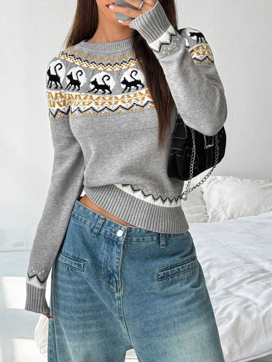 SHEIN Unity Cute Puppy Fairisle Pattern Loose Casual Ladies Sweater Knit Pullover Fall Winter Outfit - Multicolor - View 1