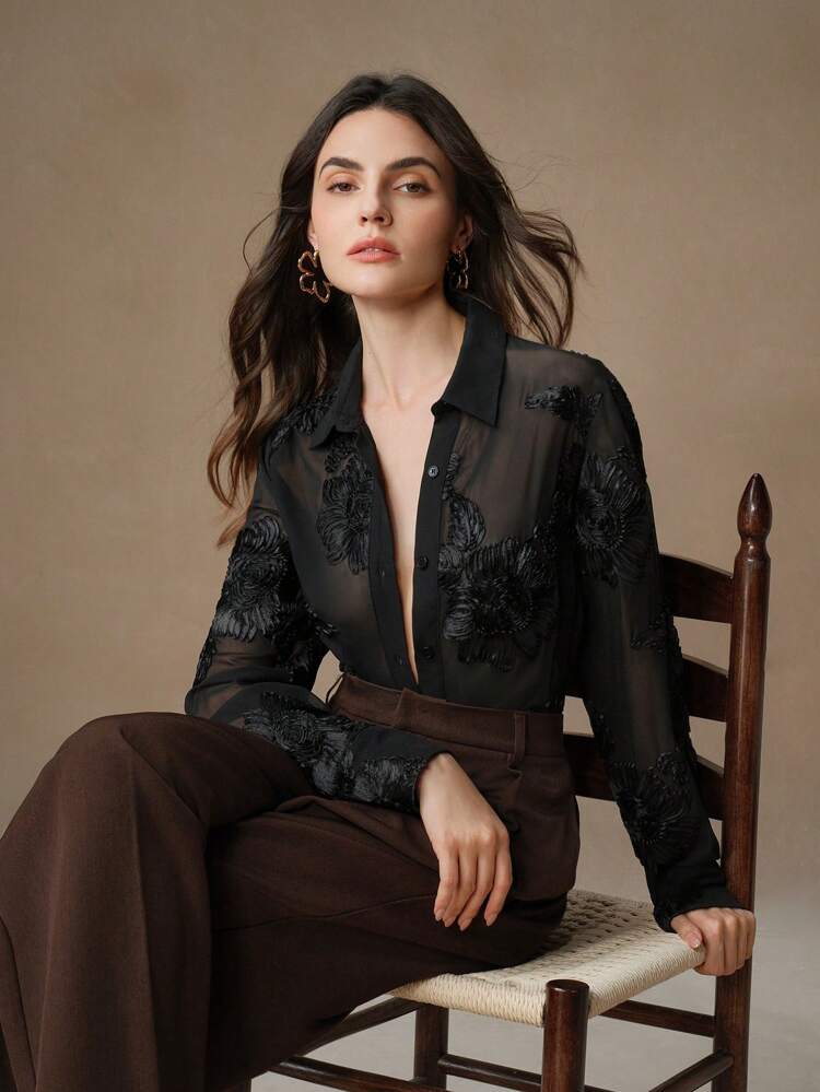 Women's Elegant Retro French Floral Embroidery Sheer Blouse, Autumn Women Shirt