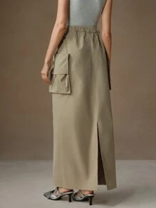 Anewsta Casual Straight Utility Cargo Skirt With Pockets, Elastic Waist Maxi