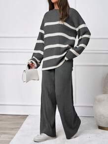 SHEIN Tall Women's Striped Drop Shoulder Sweater Two Piece Set - Dark Grey - View 4