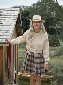 LanaWest 1pc Women Plaid Patchwork Long Sleeve 2 In 1 Dress
