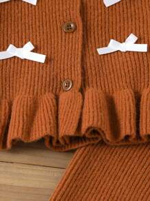 SHEIN Young Girl Minimalist Elegant 3D Bow Color Blocking Ruffle Sweater & Pants Set - Khaki - View 6