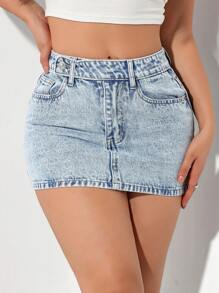 SHEIN PETITE 休闲日常装简约牛仔裙 - 藍色 - 查看 6