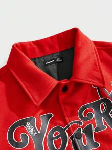 Manfinity VCAY Men's Letter Print Contrast Color Casual Versatile Long Sleeve Jacket, Vintage Party Warm Jacket Letter Rapper Color Block Dark Red Lightweight Jacket, For Friends, Husband, Boyfriend Gifts, For Fall Winter