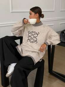 SHEIN Frenchy Women Casual Everyday Embroidered Detail Drop Shoulder Sweater, Autumn/Winter
