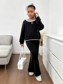 Tween 女童宽松休闲简约舒适圆领套装 - 毛衣和裤子，蝴蝶结装饰 - 黑色 - 查看 5