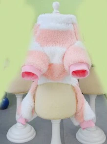 PETSIN Pink Striped Plush Warm & Cozy Jumpsuit For Pets With Leash, Suitable For Autumn And Winter