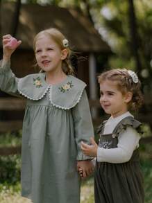 SHEIN Baby Girl Fluffy High Collar Sweater & Corduroy Cap Sleeve Jumpsuit Set, New Arrival Autumn/Winter Warm And Comfortable, Stylish Korean Fashion, Casual Outfit