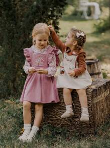 SHEIN Baby Girls 2 Pieces Set,Long Sleeve Floral Ruffled Collar Tee & A-Line Dress,Embroidery Peter Pan Collar,Soft Beige Autumn Vintage Picnic Outfits - Multicolor - View 6