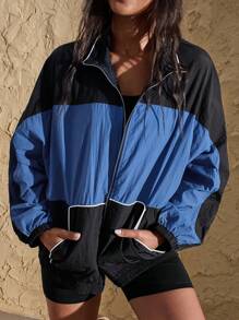 VARSITIE Chaquetas para mujer de cuello alto, mangas largas y bolsillos contrastantes