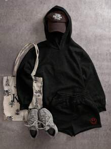 Muchica 2 件套休闲简约图案印花宽松短款连帽运动衫 - 黑色 - 查看 6