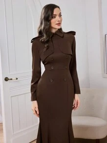 Modelyn 女士优雅束腰系腰连衣裙鱼尾长礼服，优雅场合穿着长款女士服装 - 棕色 - 查看 7