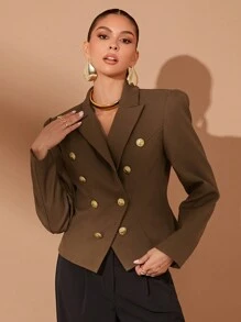 Lumalex Wedding Anniversary Spring Festival Party Season Valentine's Day Double-Breasted Metal Button Lapel Cinched Waist Fitted Women Blazer Jacket - Coffee Brown - View 4