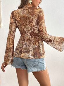 SHEIN VCAY 女士休闲花卉印花喇叭袖透视衬衫，适合度假 - 彩色 - 查看 2