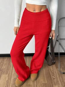 SHEIN EZwear 女式高腰喇叭裤针织裤 - 紅色 - 查看 6