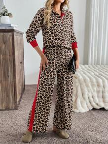 Chiquease 2 Stücke Damen Leoparden-Muster Patchwork rote Hosen, Lässig Pendelanzug, Herbst für Neujahrskleidung