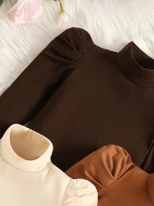 SHEIN Genkimix Kids 年轻女孩纯色高领长泡泡袖休闲 T 恤，适合秋季 - 彩色 - 查看 3